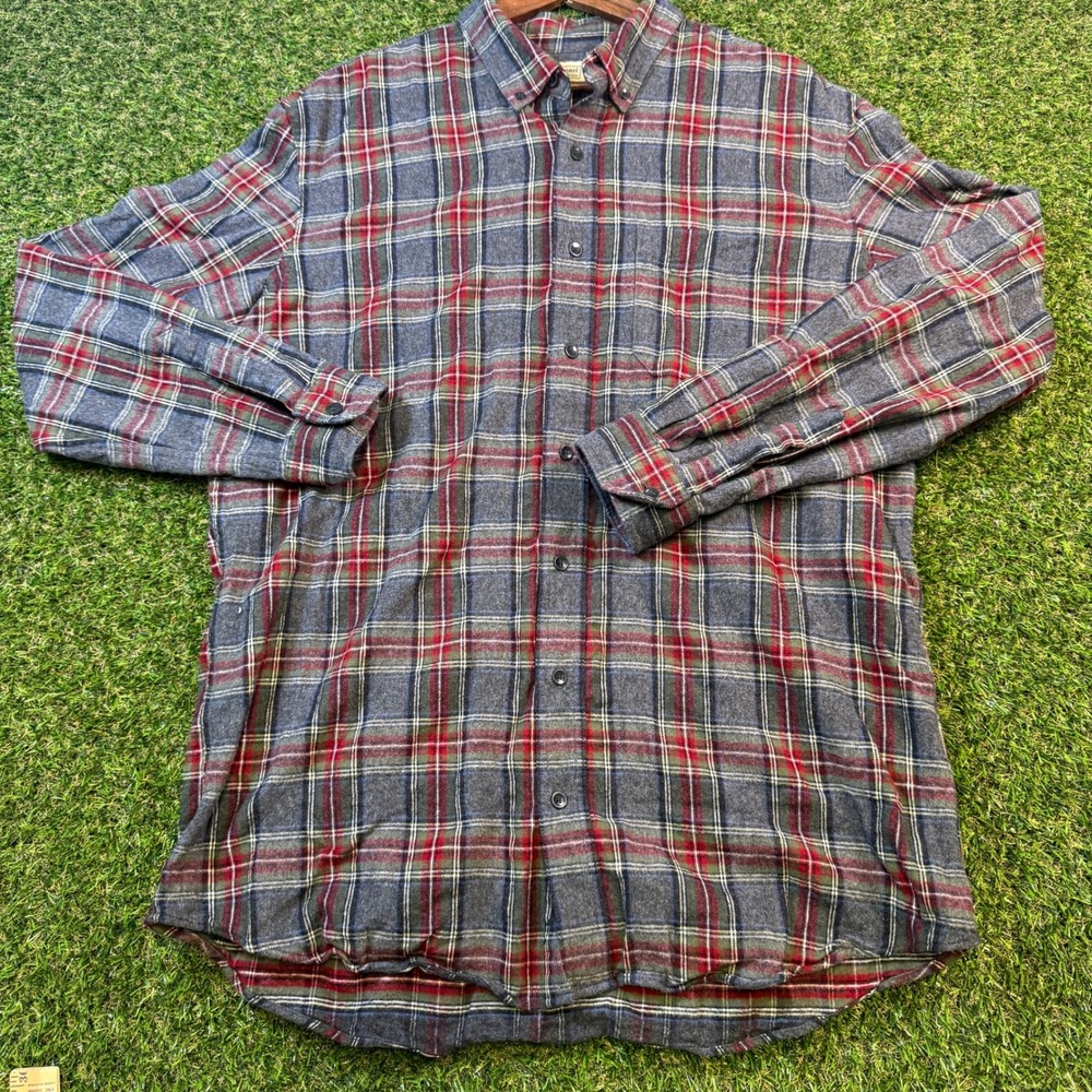 LL Bean Mens XL Tall Slightly Fitted Flannel Shirt Grey Red Plaid 298168